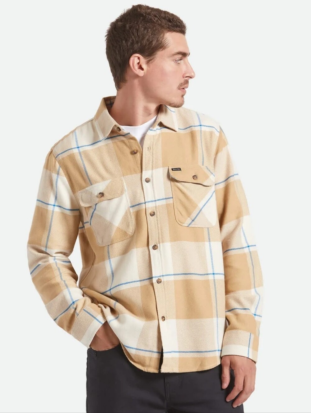 Brixton "Bowery" Flannel Beige, White & Blue Plaid Button-Down Shirt NWT